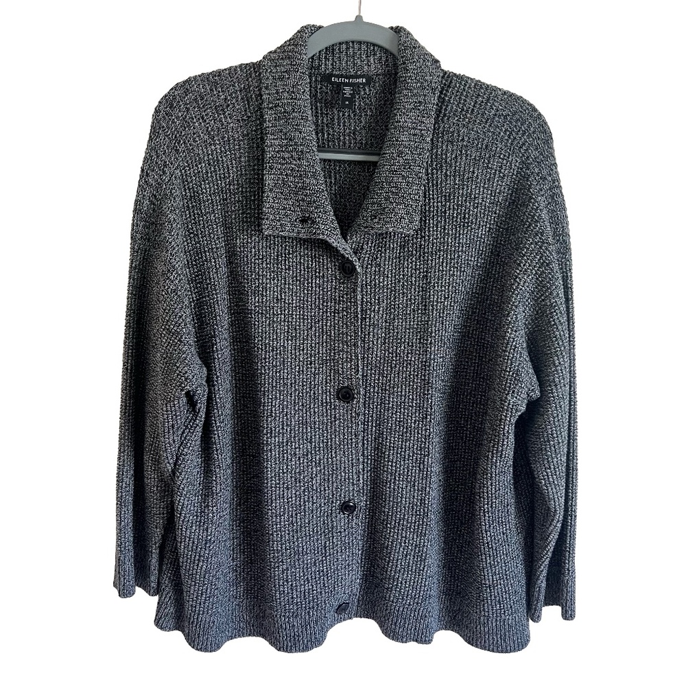 Eileen Fisher 100% Organic Cotton Grey Knit Button Up Sweater